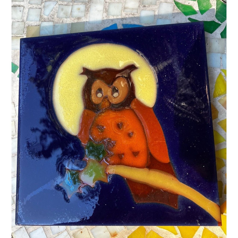Semigres Large Italian Mid Century Hand Painted Tile 6x6 Hoot Owl Full Moon